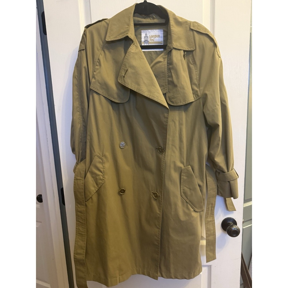Vintage London Fog Trench Coat Womens Khaki Belted Double Breasted Shoulder Pads